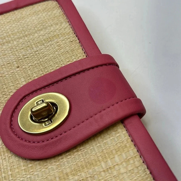 Coach Park Straw Clutch Handbag Small Purse Leather Metal Gold Tan Pink New NWT - Picture 10 of 13